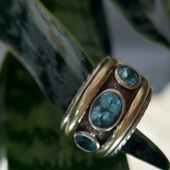 DAVID YURMAN Sterling Silver 14K Yellow Gold Blue Topaz Renaissance Ring Size 7 - Picture 5 of 10